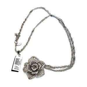 WHBM Pave Crystal Silver Rose Pendant/Broach Convertible Necklace NWT​